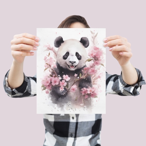 Watercolor Panda Bear With Flowers Portrait Wall Art Illustration Print Unframed - Picture 4 of 6
